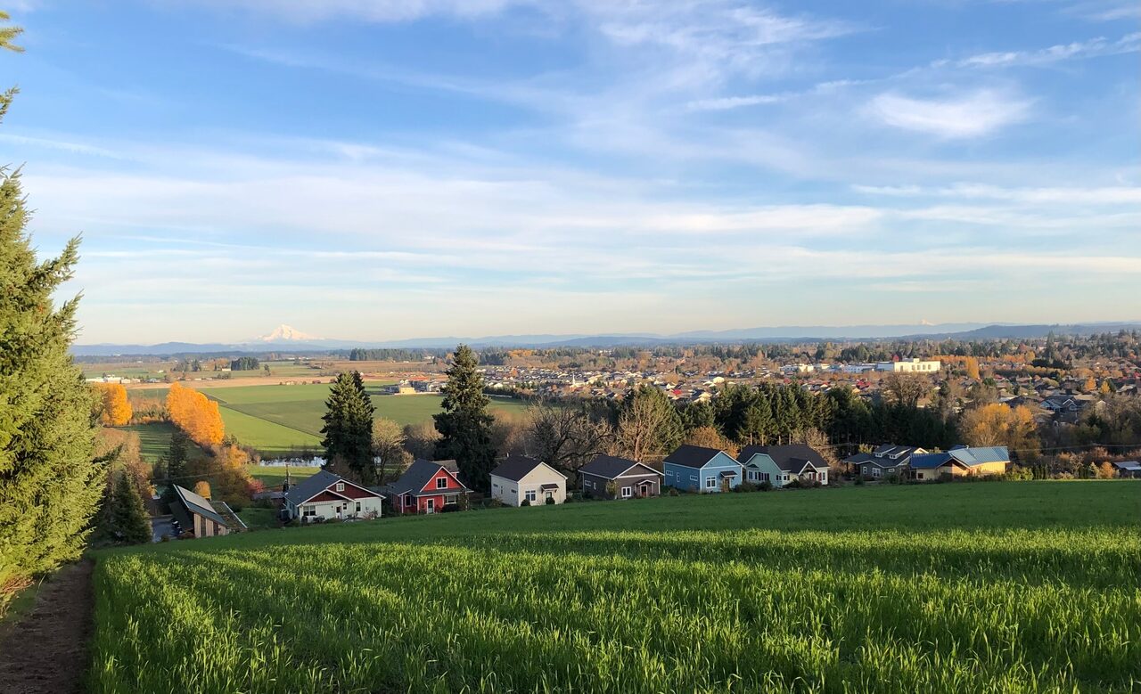 Green Grove Cohousing seen from the hill behind the property, with fields and the town of Forest Grove spread out below.